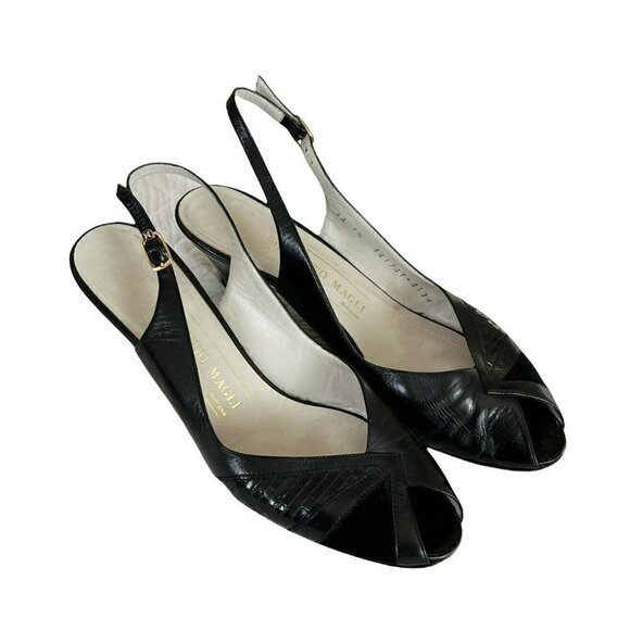 BRUNO MAGLI Black Leather Peep Toe Cone Heel Sling-Back Pumps Size 7.5 AA - Picture 1 of 12